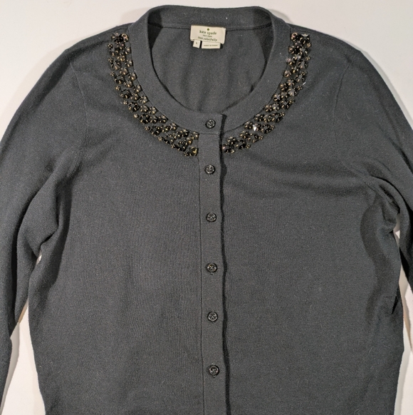 Kate Spade Black Rhinestone Collar Cardigan Cotton Silk Size Large - Picture 3 of 11